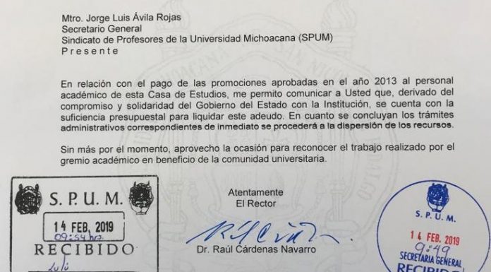 Logra Rectorado de Cárdenas Navarro dinero para el pago de las Promociones del 2013 para el personal académico de la UMSNH.