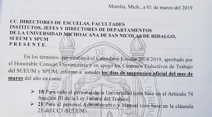 Suspensiones oficiales en la UMSNH durante el mes de Marzo