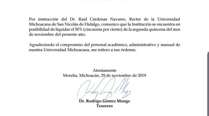 Paga la UMSNH a sus trabajadores 50 % que adeudaba y 50 % de esta quincena