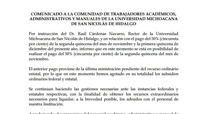 La Universidad Michoacana paga el 50 % de la quincena de noviembre, se queda en ceros