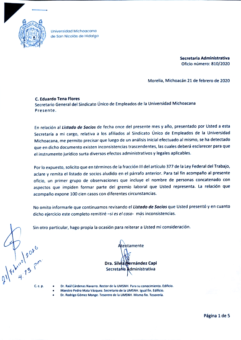 La secretaría administrativa de la UMSNH, detectó 100 casos de inconsistencias en el padrón de socios del SUEUM en un primera análisis.