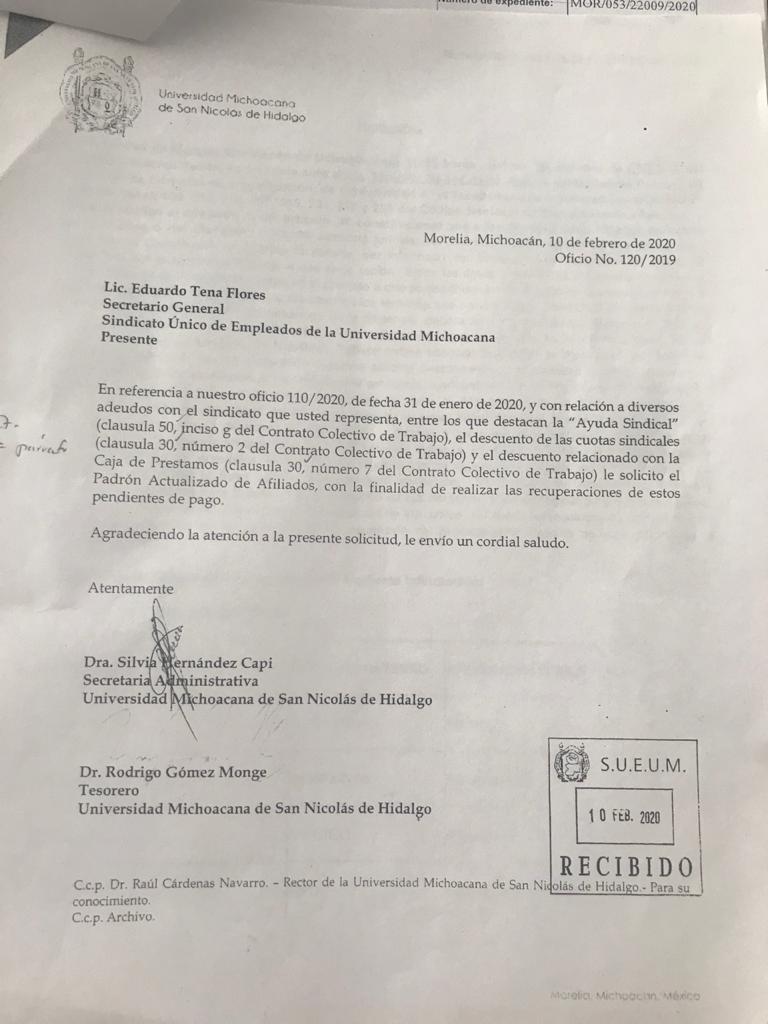 Antes de recibir el padrón del SUEUM la Universidad Michoacana que prestaciones se encuentran comprometidas por la falta del listado de socios actualizado.