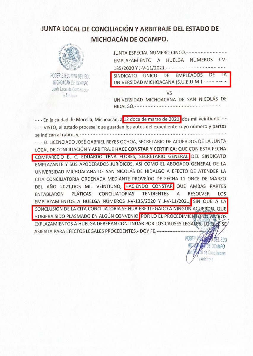 Documento expedido por la Junta Local de Conciliación y Arbitraje del Estado de Michoacán que confirma y ratifica la falta de acuerdo alguno entre la UMSNH y el SUEUM en la reunión sostenida este 12 de marzo del 2021