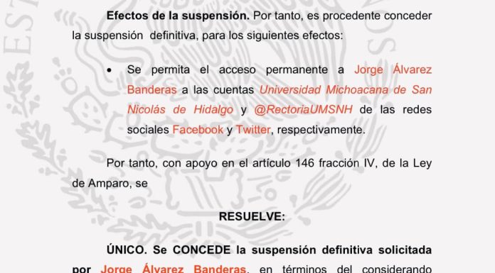 Concede la justicia federal suspensión definitiva a Jorge Alvarez, contra bloqueo de redes sociales de la UMSNH