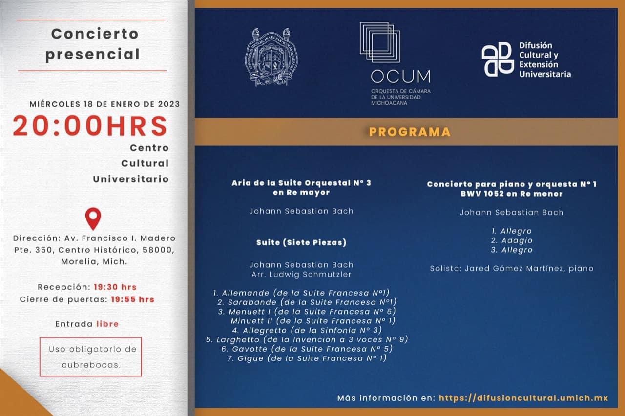 Programa del Concierto de la Orquesta de Cámara de la Universidad Michoacana (OCUM) este 18 de enero.