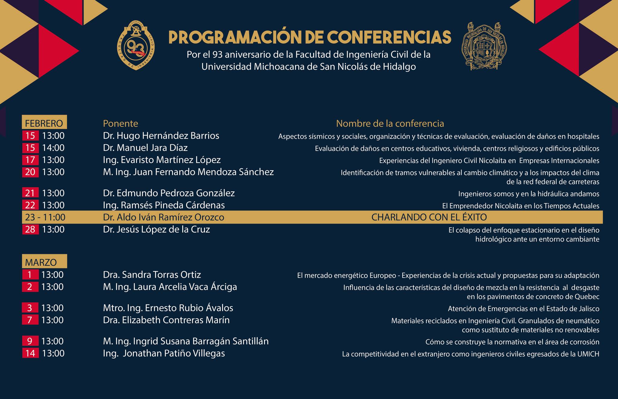 Consulta la programación de ponencias y conferencias en el marco del 93 aniversario de la Facultad de Ingeniería Civil de la UMSNH.