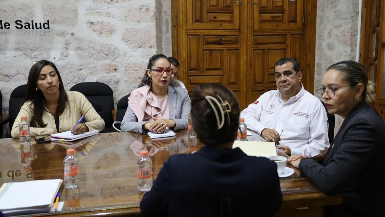 El secretario de salud de Michoacán, Dr. Elías Ibarra, y la Dra. Yarabí Ávila González, rectora de la UMSNH presidieron la reunión de trabajo.