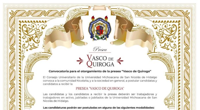 Presea «Vasco de Quiroga»: reconocimiento a trayectorias destacadas en UMSNH Convocatoria Presea "Vasco de Quiroga" 2026