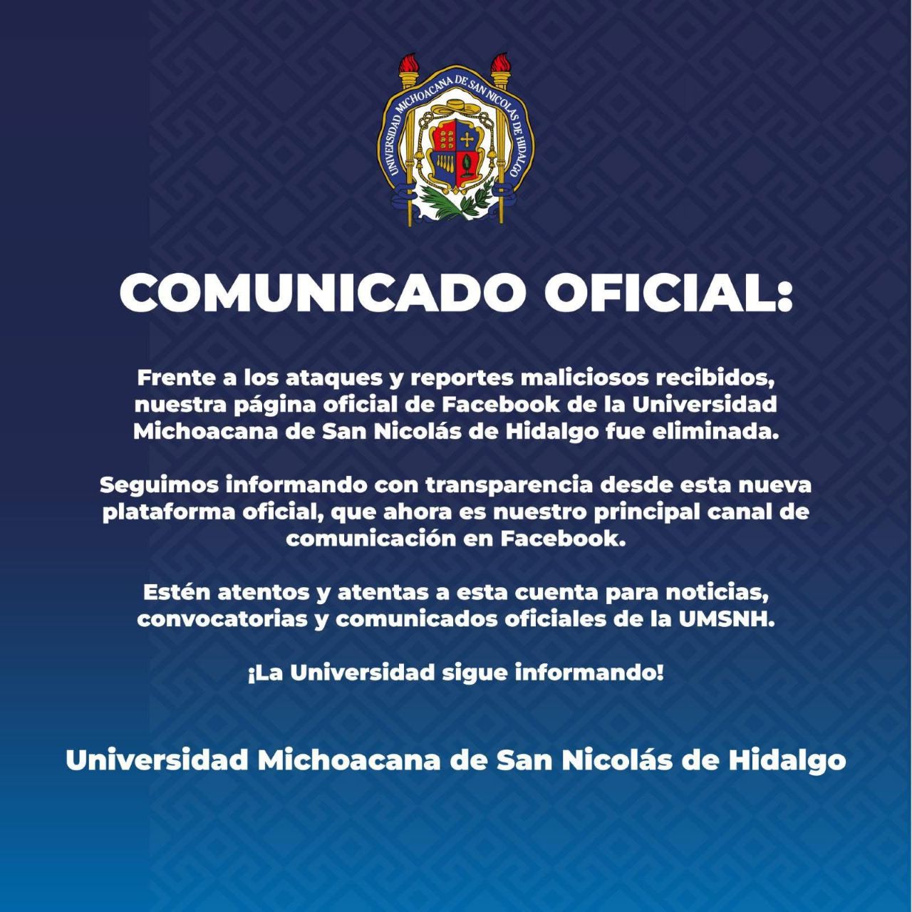La Fiscalía General del Estado investiga los ataques registrados contra los sistemas digitales de la universidad michoacana más importante del estado. Facebook eliminó la página oficial de la UMSNH tras ataques sistemáticos; su recuperación depende de la resolución de la plataforma digital. La Fiscalía General del Estado investiga los ataques registrados contra los sistemas digitales de la universidad michoacana más importante del estado. Facebook eliminó la página oficial de la UMSNH tras ataques sistemáticos; su recuperación depende de la resolución de la plataforma digital.