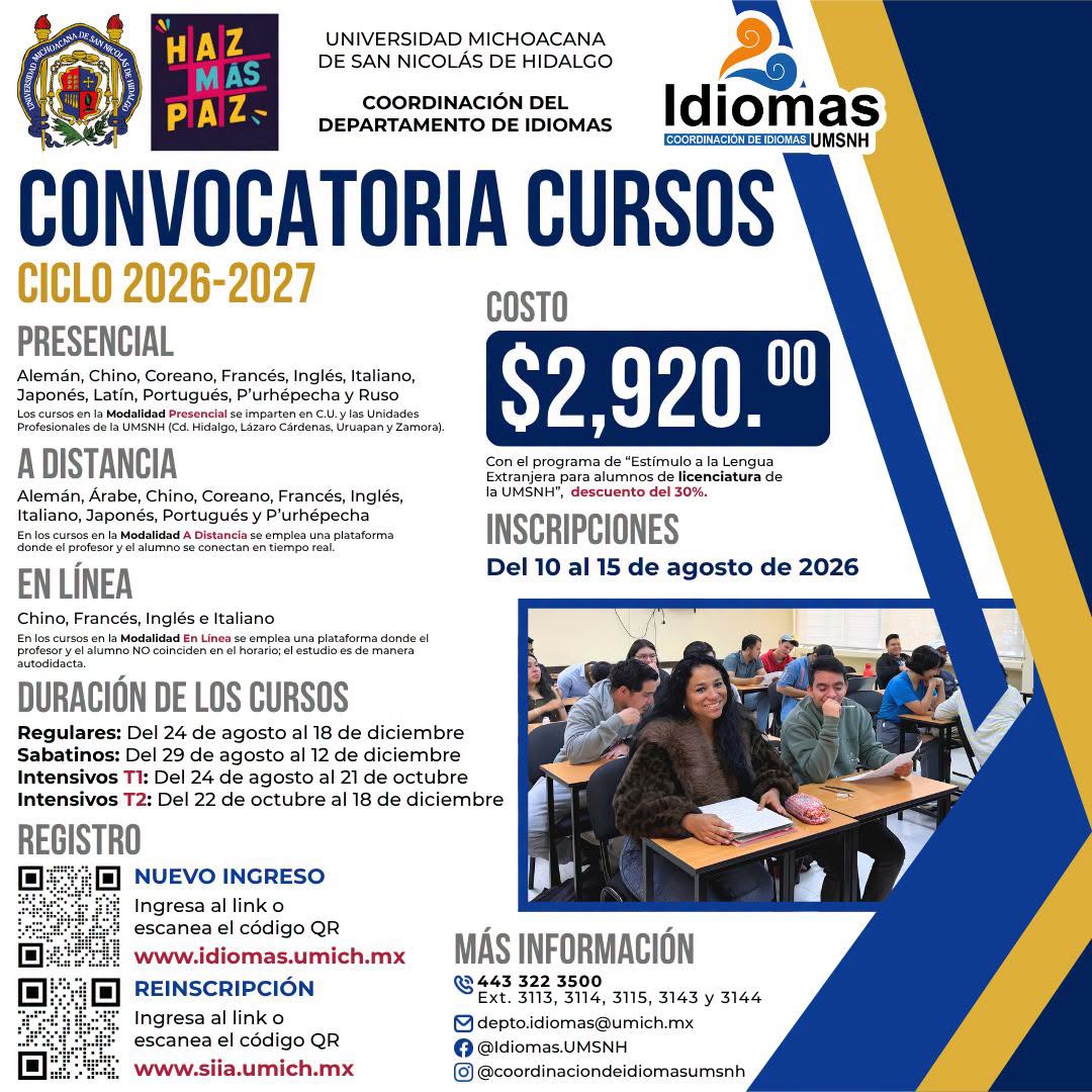 El periodo escolar abarcará clases regulares, sabatinas e intensivas distribuidas en Morelia y cuatro sedes al interior del estado michoacano. Los trámites de nuevo ingreso y reinscripción deberán completarse en línea entre el diez y quince de agosto próximo oficialmente.