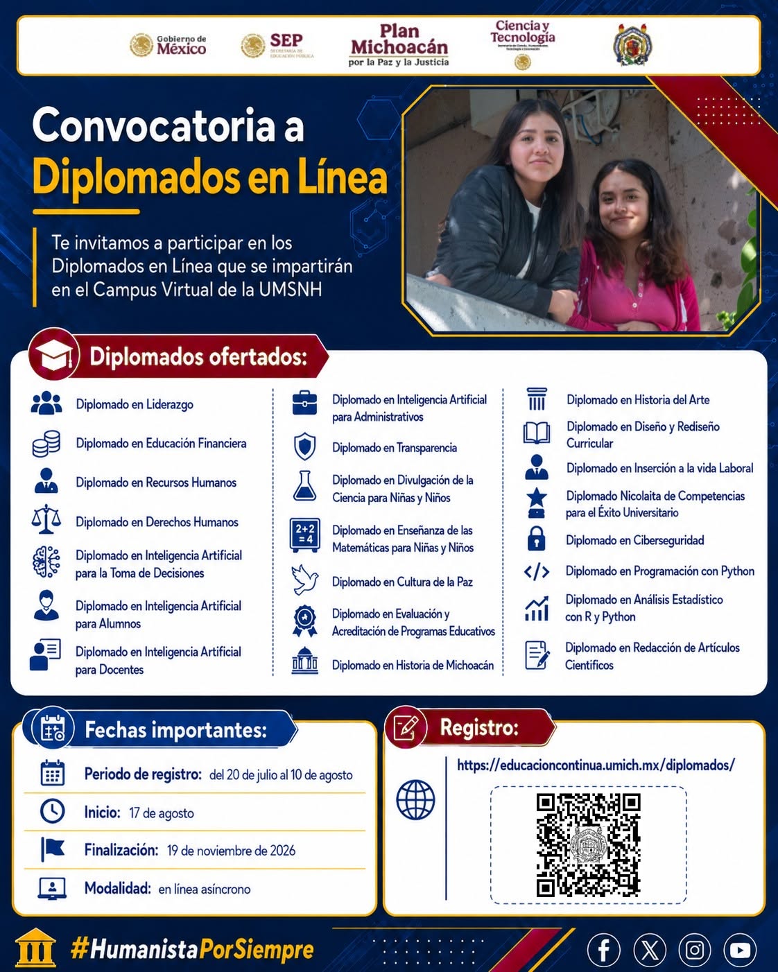 La UMSNH habilita el registro digital para sus 22 diplomados asíncronos enfocados en inteligencia artificial, ciberseguridad, ciencias sociales y desarrollo profesional. La UMSNH habilita el registro digital para sus 22 diplomados asíncronos enfocados en inteligencia artificial, ciberseguridad, ciencias sociales y desarrollo profesional.