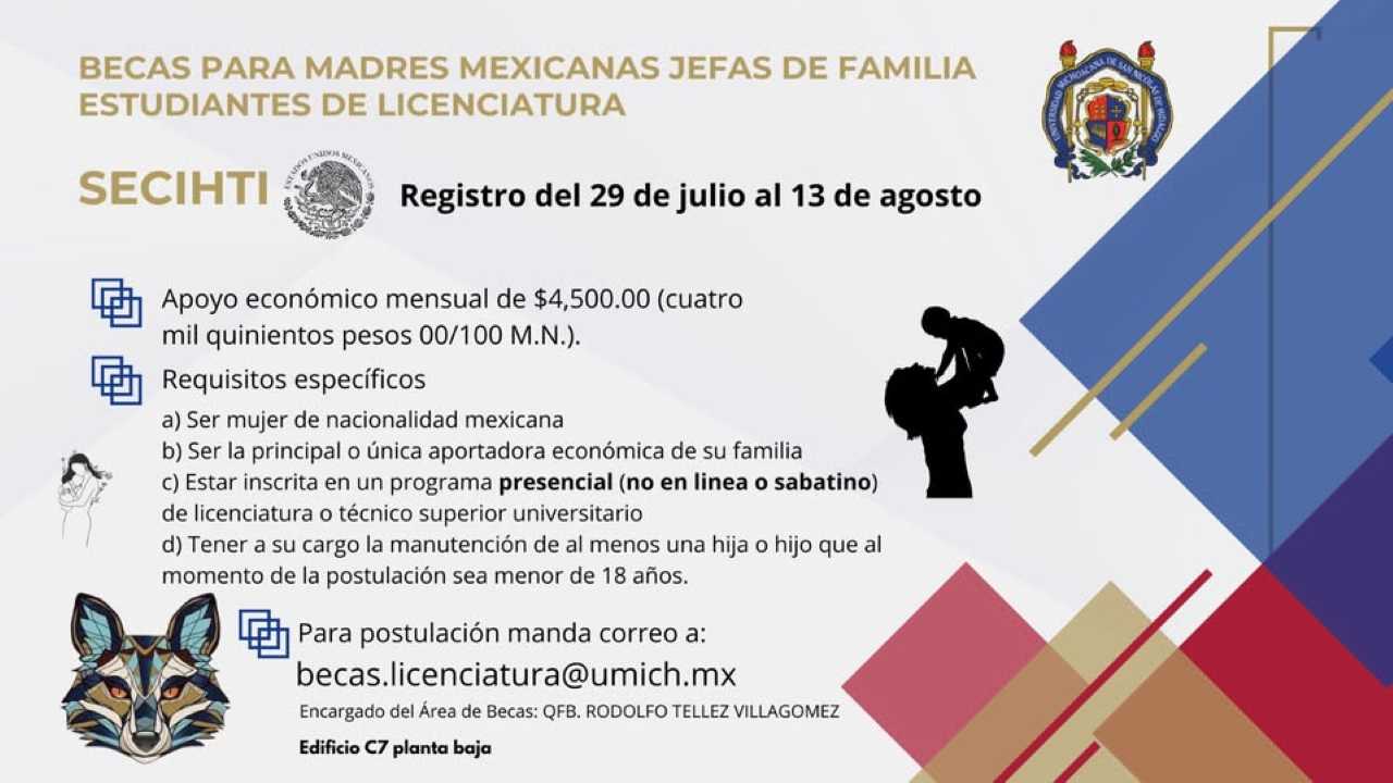 El Área de Becas de la Universidad Michoacana difundió este cartel digital para orientar a las estudiantes de licenciatura que son el sustento de su hogar. El documento gráfico enumera los criterios de elegibilidad, incluyendo la nacionalidad mexicana y tener hijos menores de edad. El Área de Becas de la Universidad Michoacana difundió este cartel digital para orientar a las estudiantes de licenciatura que son el sustento de su hogar. El documento gráfico enumera los criterios de elegibilidad, incluyendo la nacionalidad mexicana y tener hijos menores de edad.
