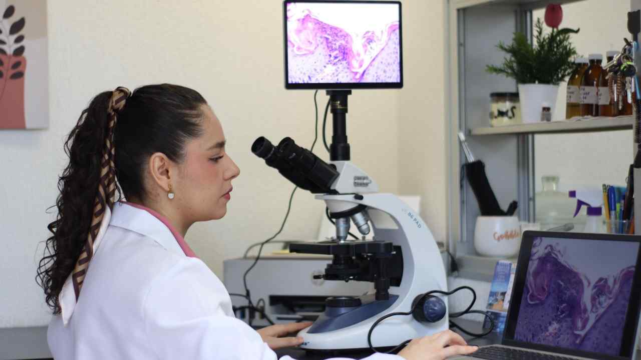 Investigadora nicolaita analiza muestras celulares mediante microscopía digitalizada en los laboratorios de investigación biomédica de la UMSNH. Investigadora nicolaita analiza muestras celulares mediante microscopía digitalizada en los laboratorios de investigación biomédica de la UMSNH.